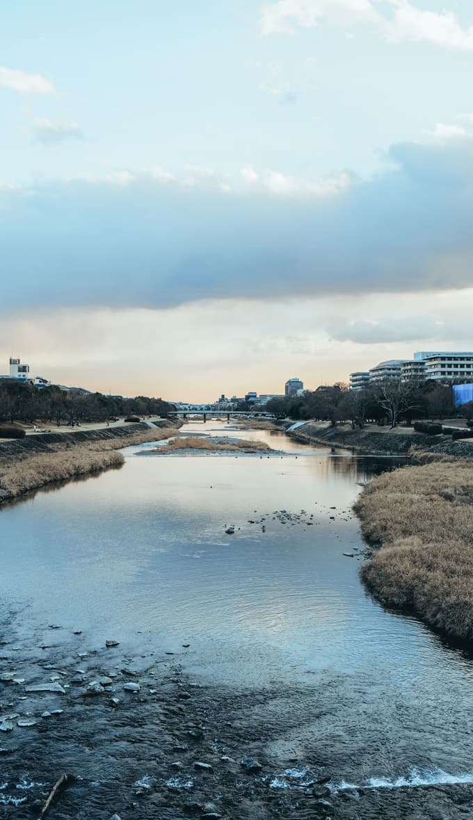 出町柳駅前の加茂大橋から鴨川を望む冬景色